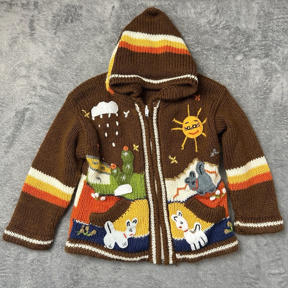 Peruvian Jacket Hooded Handmade Kids Size 3? Alpaca Full Zip Brown Embroidered